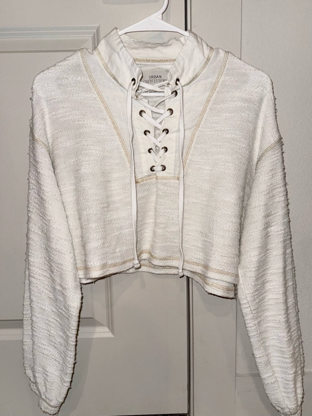 Urban Outfitters Tague Lace Up Textured Cropped Long Sleeve Top Cream size Small